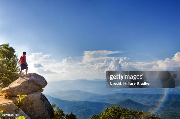 man stands on edge of mountain overlooking blue ridge mountains - montañas apalaches fotografías e imágenes de stock