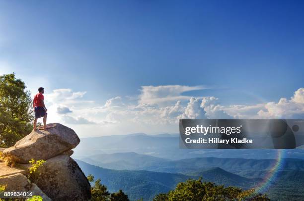 man stands on edge of mountain overlooking blue ridge mountains - north carolina photos et images de collection