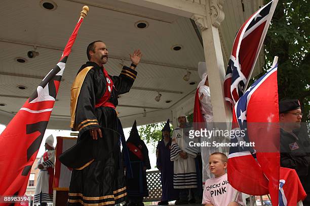 Members of the Fraternal White Knights of the Ku Klux Klan participate in the 11th Annual Nathan Bedford Forrest Birthday march July 11, 2009 in...