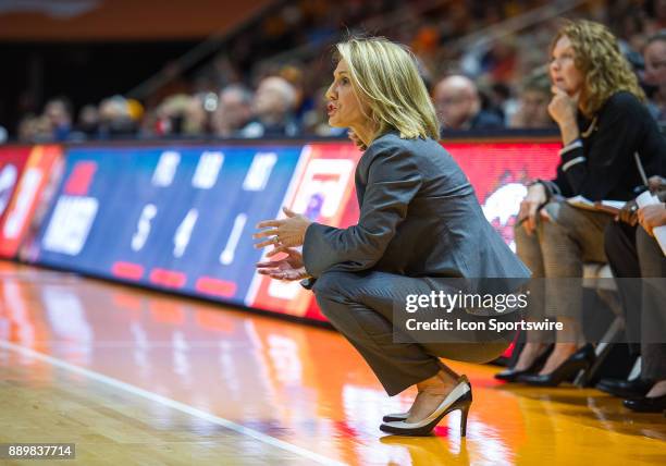 Texas Longhorns head coach Karen Aston coaching during a game between the Texas Longhorns and Tennessee Lady Volunteers on December 10 at...