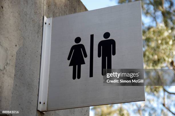 female and male toilet sign on the exterior of a public restroom block - bathroom sign foto e immagini stock