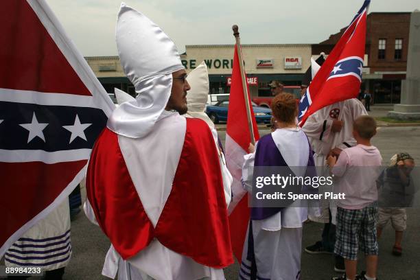 Members of the Fraternal White Knights of the Ku Klux Klan participate in the 11th Annual Nathan Bedford Forrest Birthday march July 11, 2009 in...