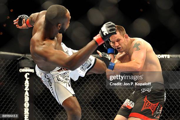 Jon Jones kicks Jake O'Brein during their light heavyweight bout during UFC 100 on July 11, 2009 in Las Vegas, Nevada. Jones defeated O'Brein by...