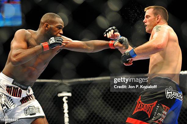 Jon Jones connects with a left punch on Jake O'Brein during their light heavyweight bout during UFC 100 on July 11, 2009 in Las Vegas, Nevada. Jones...
