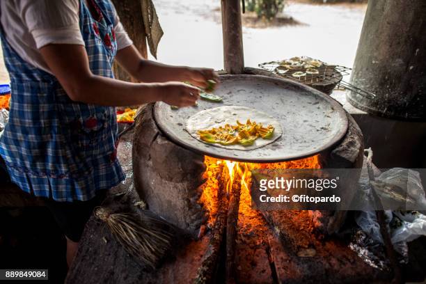 flor de calabaza quesadilla being made in a comal - oaxaca stock pictures, royalty-free photos & images