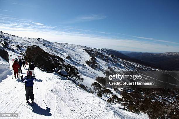 Skiers head off on the Eagle way on July 6, 2009 in Thredbo, Australia. Thredbo ski fields are 500km's from Sydney and Melbourne and set within the...