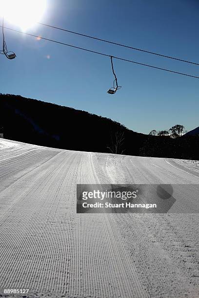 General view perfectly groomed snow under a chair lift on July 9, 2009 in Thredbo, Australia. Thredbo ski fields are 500km's from Sydney and...