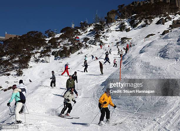 Skiers and snowboarders head down the eagle way run on July 9, 2009 in Thredbo, Australia. Thredbo ski fields are 500km's from Sydney and Melbourne...