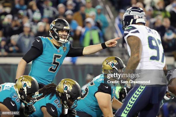 Blake Bortles of the Jacksonville Jaguars calls a play at the line of scrimmage during the second half of their game against the Seattle Seahawks at...