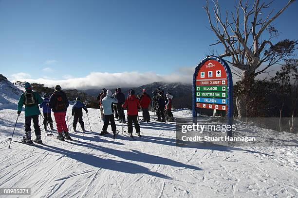 Skiers take time out to look at the view as they head down towards Merritts on July 7, 2009 in Thredbo, Australia. Thredbo ski fields are 500km's...