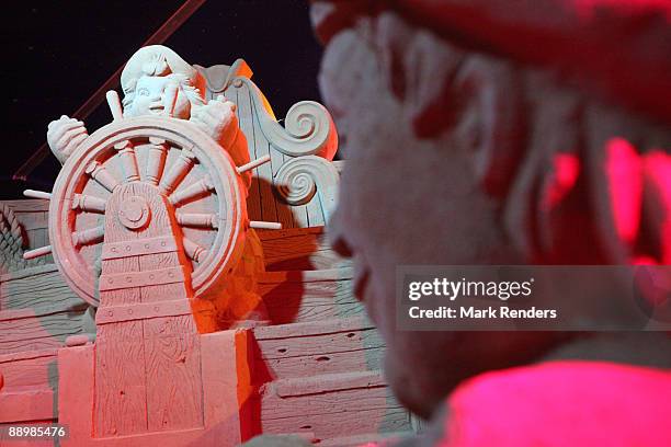Sand sculptures of pirates are shown at the annual sand sculpture festival which is open for the public until end of August, on July 11, 2009 in...