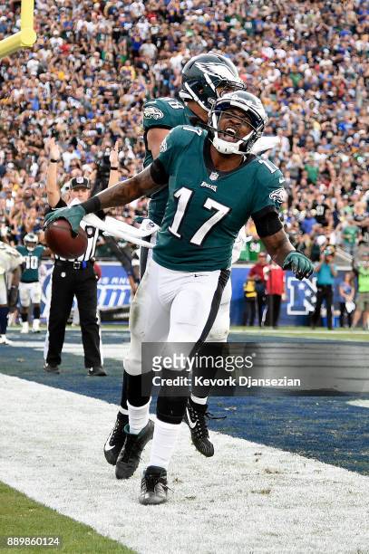 Alshon Jeffery of the Philadelphia Eagles celebrates after scoring a touchdown during the game against the Los Angeles Rams at the Los Angeles...