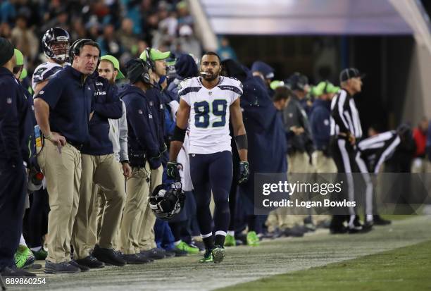 Doug Baldwin of the Seattle Seahawks walks near the bench area during the second half of their game against the Jacksonville Jaguars at EverBank...