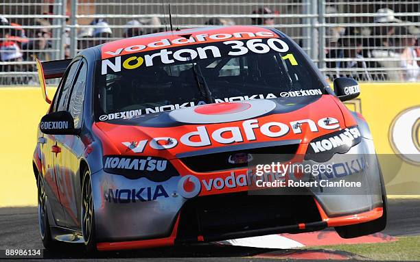 Jamie Whincup drives the Team Vodafone Ford during race 12 for round six of the V8 Supercar Championship Series at Reid Park on July 12, 2009 in...