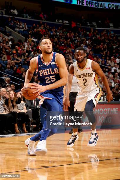 Ben Simmons of the Philadelphia 76ers goes to the basket against the New Orleans Pelicans on December 10, 2017 at the Smoothie King Center in New...