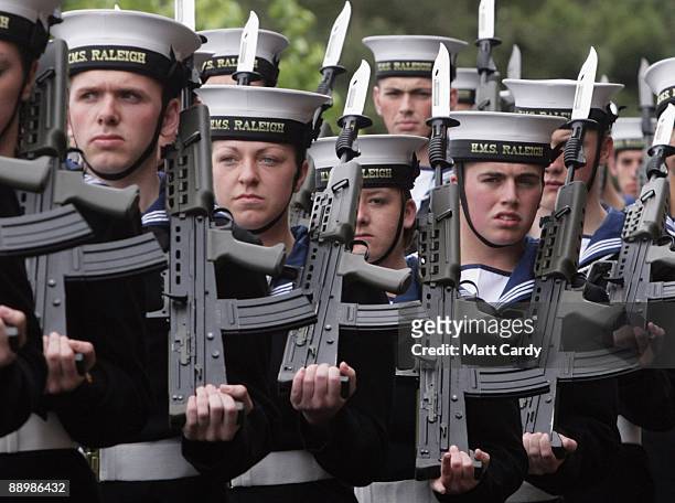 Royal Navy recruits Mike Ellsbury, Vicky Reynolds, Nicola Morris and Daniel Wright, wait to march to their passing out parade at the training...