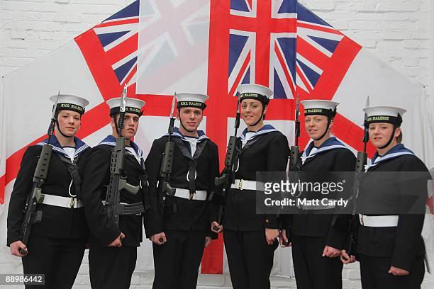 Royal Navy recruits Charlotte Craig, Daniel Wright, Mike Ellsbury, Sam Richards, Vicky Reynolds and Nicola Morris pose for a group picture prior to...