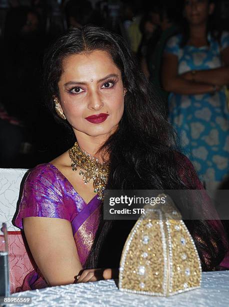 Indian actress Rekha attends a party honouring Bollywood actor Shatrughan Sinha's election to the national parliament the Lok Sabha and to mark the...