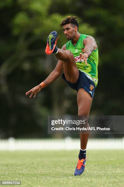 Archie Smith kicks during the Brisbane Lions AFL pre-season training session at Yeronga on December 11, 2017 in Brisbane, Australia.