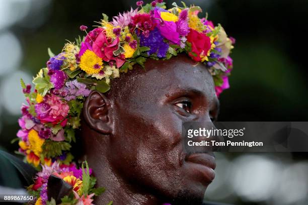 Dennis Kimetto of Kenya after winning the men's marathon during the Honolulu Marathon 2017 on December 10, 2017 in Honolulu, Hawaii.