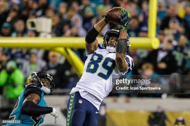 Seattle Seahawks wide receiver Doug Baldwin catches a pass for a touchdown during the game between the Seattle Seahawks and the Jacksonville Jaguars...