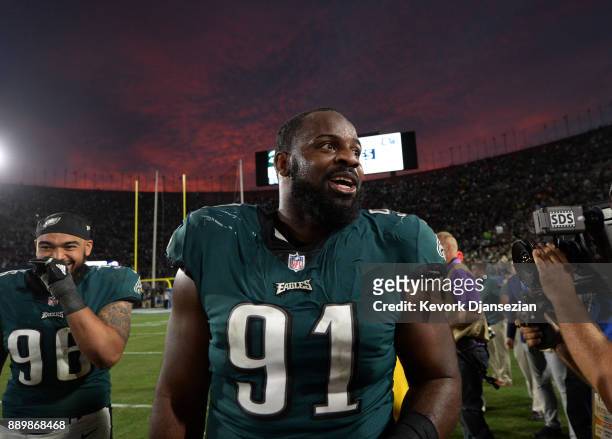 Defensive tackle Fletcher Cox of the Philadelphia Eagles celebrates the win over Los Angeles Rams, 43-35, at Los Angeles Memorial Coliseum on...