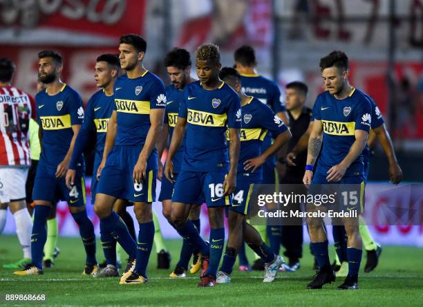 Players of Boca Juniors leave the field at the end of the first half during a match between Estudiantes and Boca Juniors as part of the Superliga...