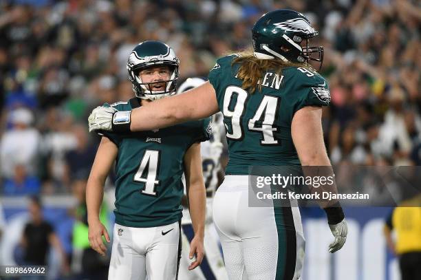 Beau Allen of the Philadelphia Eagles hugs Jake Elliott after Elliott kicked a field goal giving the Philadelphia Eagles a 37-35 lead with three...