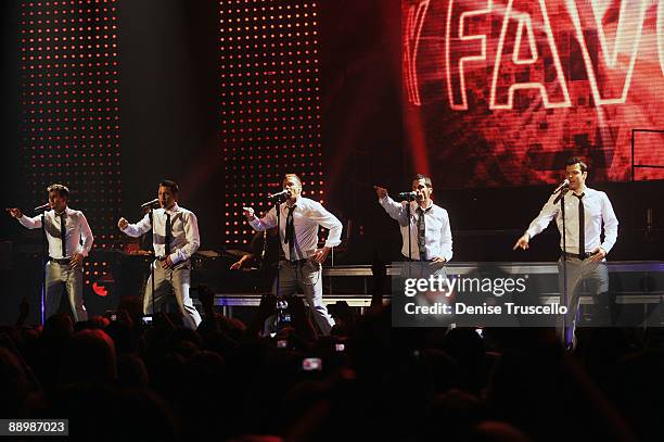 Joey McIntyre, Jonathan Knight, Donnie Wahlberg, Danny Woods and Jordan Knight of New Kids On The Block perform at The Pearl at The Palms Casino...