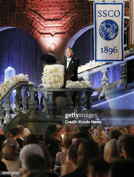 Japan-born British novelist Kazuo Ishiguro, author of the 1989 Man Booker Prize-winning "The Remains of the Day," delivers a speech at a banquet held...