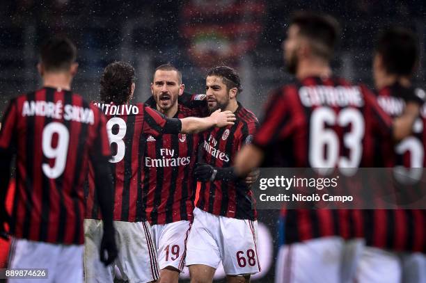 Andre Silva, Riccardo Montolivo, Leonardo Bonucci, Ricardo Rodriguez, Patrick Cutrone and Giacomo Bonaventura of AC Milan celebrate the vicotry at...