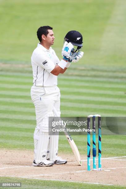 Ross Taylor of New Zealand checks his halmet during day three of the Second Test Match between New Zealand and the West Indies at Seddon Park on...