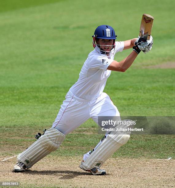 Beth Morgan of England hits out on The 3rd Day of The 1st Test between England Women and Australia Women at New Road on July 12, 2009 in Worcester,...
