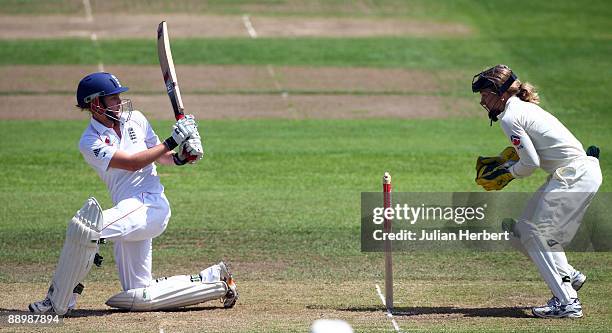 Beth Morgan of England hits out on The 3rd Day of The 1st Test between England Women and Australia Women at New Road on July 12, 2009 in Worcester,...
