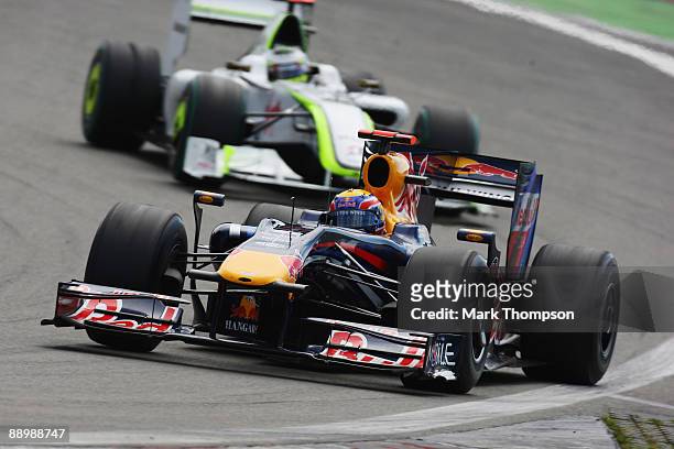 Mark Webber of Australia and Red Bull Racing drives on his way to winning the German Formula One Grand Prix at Nurburgring on July 12, 2009 in...