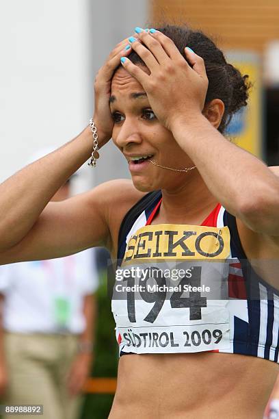 Jodie Williams of Great Britain reacts after winning gold in the girl's 200m final during day five of the Iaaf World Youth Championships at the...