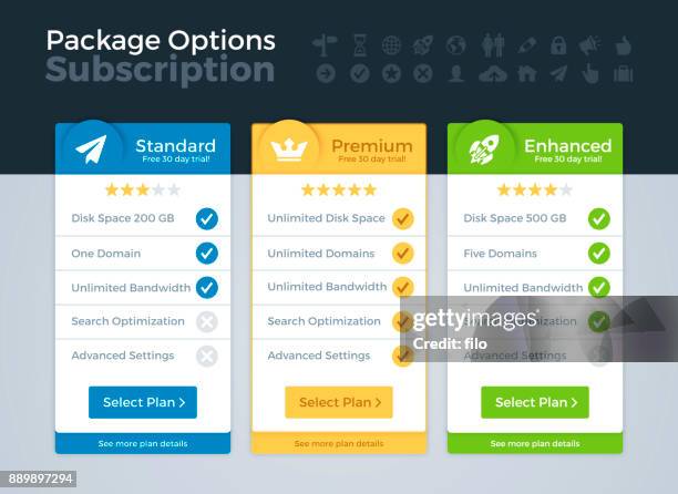 ilustrações de stock, clip art, desenhos animados e ícones de pricing packages comparison - list