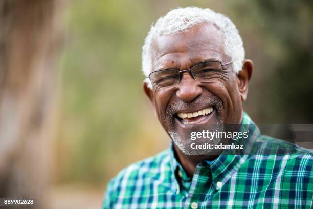 hombre senior del afroamericano en el retrato de la naturaleza - sonrisa con dientes fotografías e imágenes de stock