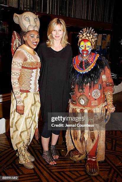 Model and media personality Heidi Klum poses with actors Ta'rea Campbell and Tshidi Manaya backstage at "The Lion King" on Broadway at Minskoff...