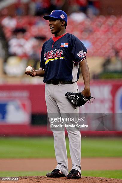 World Futures All-Star Neftali Feliz of the Texas Rangers looks on during the 2009 XM All-Star Futures Game at Busch Stadium on July 12, 2009 the in...
