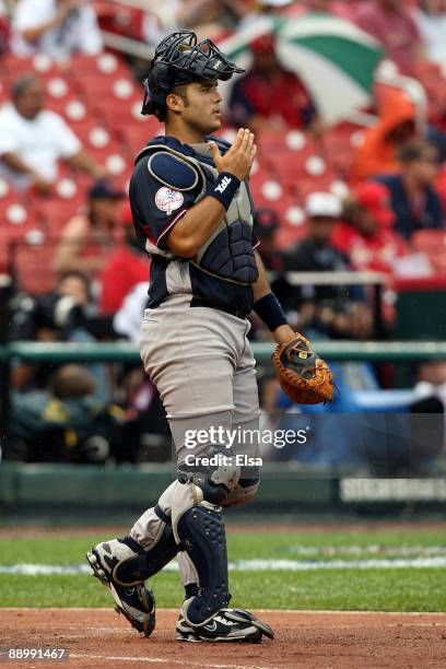 World Futures All-Star Jesus Montero of the New York Yankees walks out to the mound during the 2009 XM All-Star Futures Game at Busch Stadium on July...