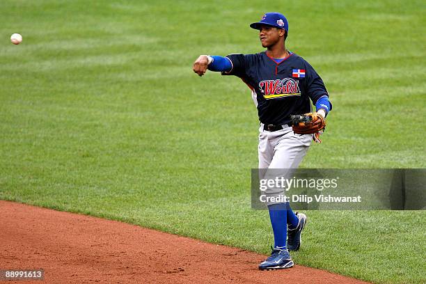 World Futures All-Star Starlin Castro of the Chicago Cubs fields the ball during the 2009 XM All-Star Futures Game at Busch Stadium on July 12, 2009...