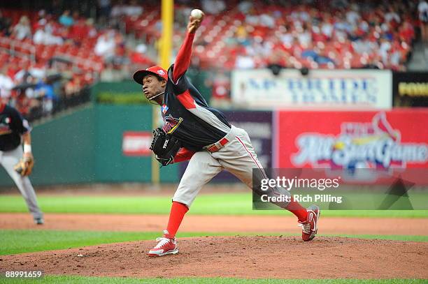 Yohan Flande of the World Team pitches during the 2009 XM All-Star Futures Game on July 12, 2009 at Busch Stadium in St. Louis, Missouri.