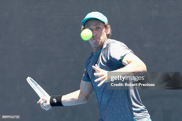 Maverick Banes of Australia competes against Matthew Barton of Australia in his first round Australian Open December Showdown match at Melbourne Park...