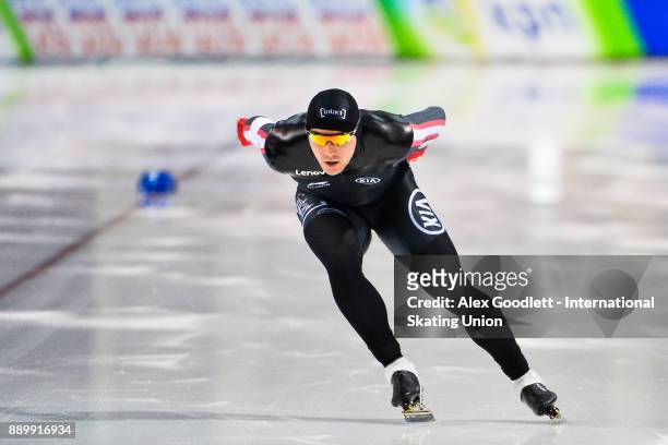 Vincent De Haitre of Canada competes in the men's 1000 meter final during day 3 of the ISU World Cup Speed Skating event on December 10, 2017 in Salt...