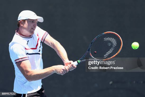 Matthew Barton of Australia competes against Maverick Banes of Australia in his first round Australian Open December Showdown match at Melbourne Park...