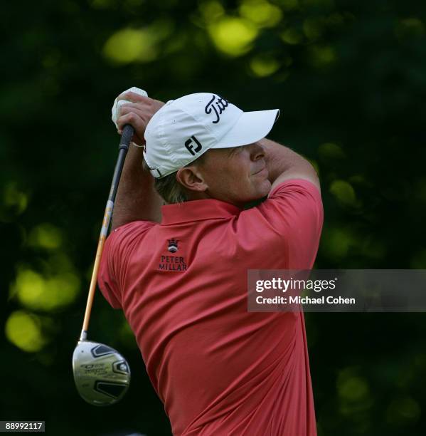 Steve Stricker of the USA hits his drive on the 17th hole during the final round of the John Deere Classic at TPC Deere Run held on July 12, 2009 in...