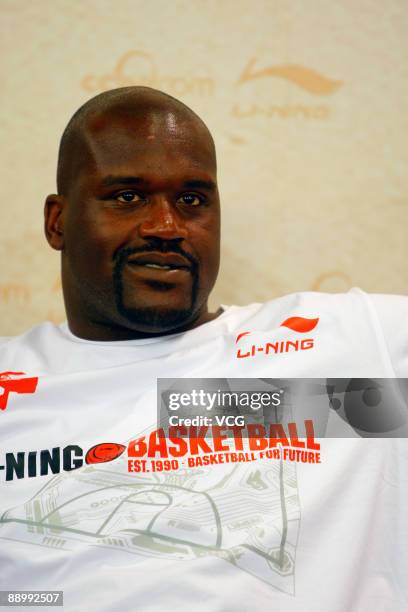 Cleveland Cavaliers Shaquille O'Neal attends an interview on July 12, 2009 in Beijing, China. Shaquille O'Neal is on a promotional tour of China's...