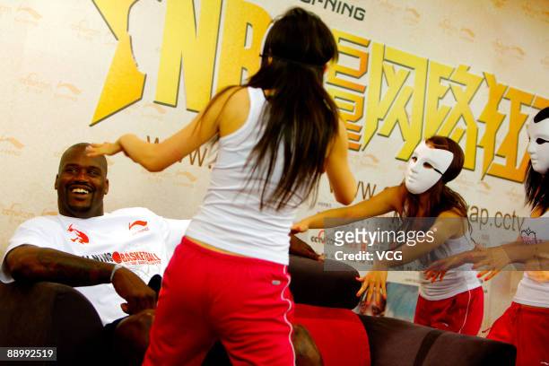 Cleveland Cavaliers Shaquille O'Neal attends an interview on July 12, 2009 in Beijing, China. Shaquille O'Neal is on a promotional tour of China's...