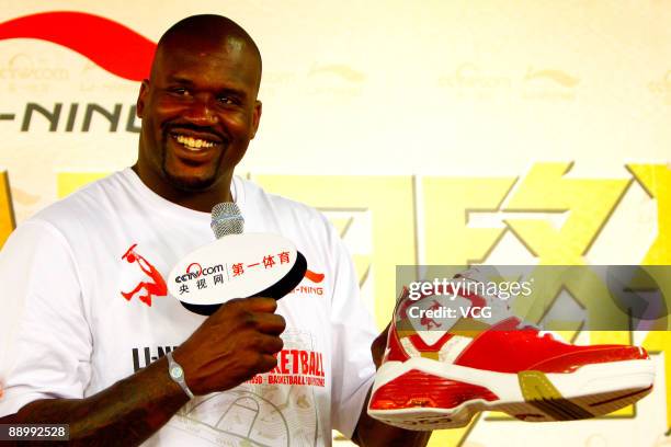 Cleveland Cavaliers Shaquille O'Neal attends an interview on July 12, 2009 in Beijing, China. Shaquille O'Neal is on a promotional tour of China's...